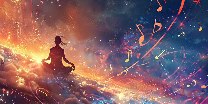 Melodic Mindfulness: Music Notes Interwoven with Mindfulness Symbols and Meditation Scenes.