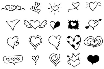 Hand-drawn heart doodle set, sketchy love vector shapes, Valentine&rsquo;s Day scribble romantic symbols.