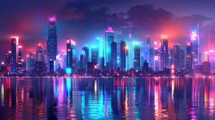 Futuristic cityscape with neon lights: Design a vibrant futuristic cityscape illuminated by neon lights.