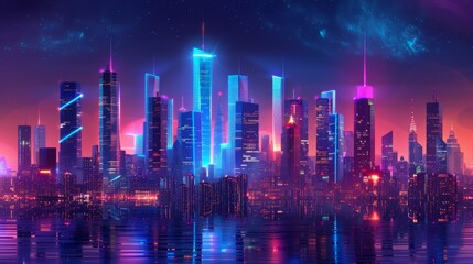 Obraz premium Futuristic cityscape with neon lights: Design a vibrant futuristic cityscape illuminated by neon lights.