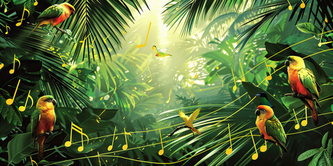 Tropical Rhythms: Music Notes Set Against Palm Trees, Exotic Birds, and Tropical Foliage
