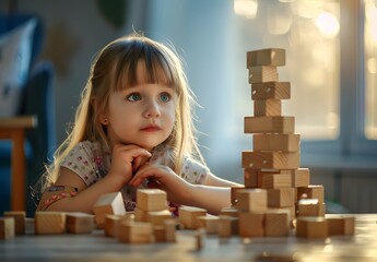 Little girl is playing with wooden blocks on the table, building a tall tower