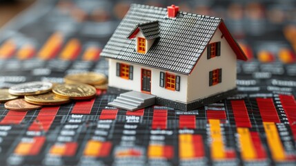 White house atop of coins, with holographic digital growth bar graphs in the background, representing the concept of savings and investments