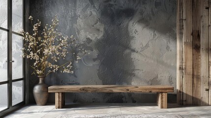 rustic wooden bench in industrial loft entrance with concrete walls 3d interior rendering