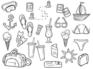 Set of cute summer travel vacation equipment: ship, ice cream soda drinks, tickets for train airplane, bag with clothes, passport, swimsuit, photos, navigation, cocktails vector sketch illustration. © Nataliya Pokrovska
