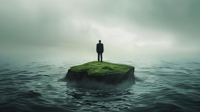 sad businessman standing alone on tiny island in vast ocean isolation and loneliness concept surreal digital art