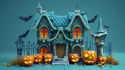 10 Spooky 3D cartoon haunted house with jackolanterns for Halloween