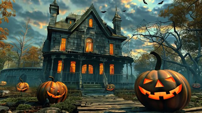10 Spooky 3D cartoon haunted house with jackolanterns for Halloween