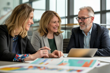 Seniors discussing retirement plans with their planner in a modern office, using a laptop and charts for explanation