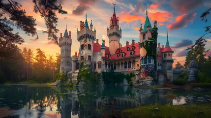 Fototapeta premium Enchanting fairy tale castle with vibrant sunset and scenic surroundings