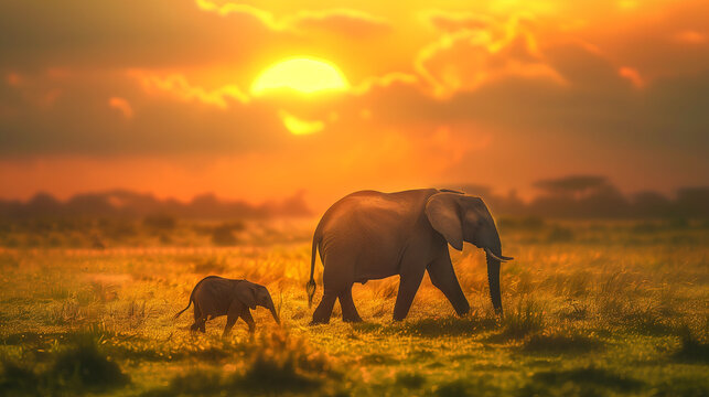 elephant and her calf walking in the grassland, sunset background, beautiful detail of large and small elephants with green grassland below, Ai Generated Images