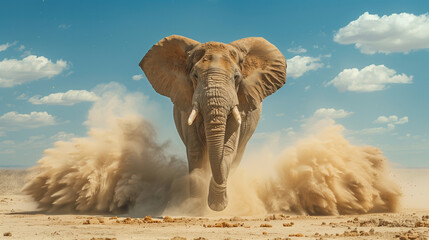 angry elephant in the savanna, huge elephant with ears wide open and trunk raised, dust flying around its feet, Ai generated Images