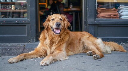 A golden retriever dog lies on the sidewalk outside a shop, looking happy and relaxed.