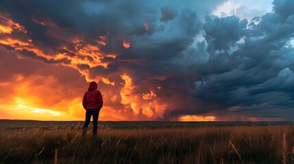 Fototapeta premium Lone meteorologist studies dramatic stormy sky amidst scenic countryside landscape