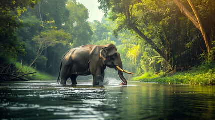 elephant bathing in a river in the middle of the forest, a large elephant splashes water with its trunk, Ai generated Images
