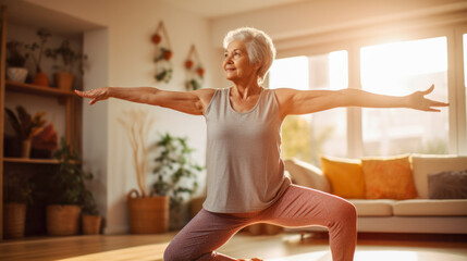An elderly woman practices meditation or yoga in a quiet living room with soft sunlight