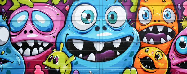 Fototapeta premium Colorful monster faces in street art graffiti, vibrant urban wall mural