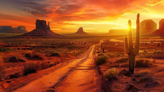 scenic desert road trip with cactus and sandstone formations at sunset adventure travel concept digital art