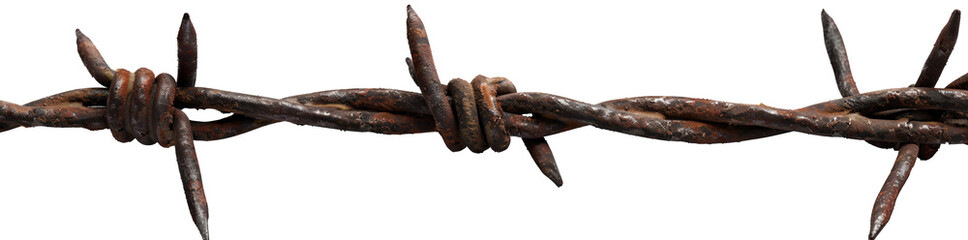 Barbed wire with rust on transparent background