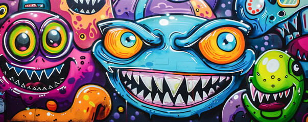 Obraz premium Colorful monster faces in street art graffiti, vibrant urban wall mural