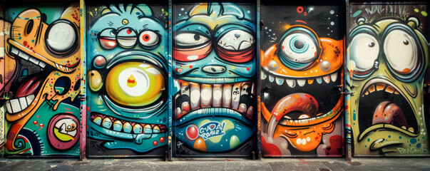 Fototapeta premium Colorful monster faces in street art graffiti, vibrant urban wall mural