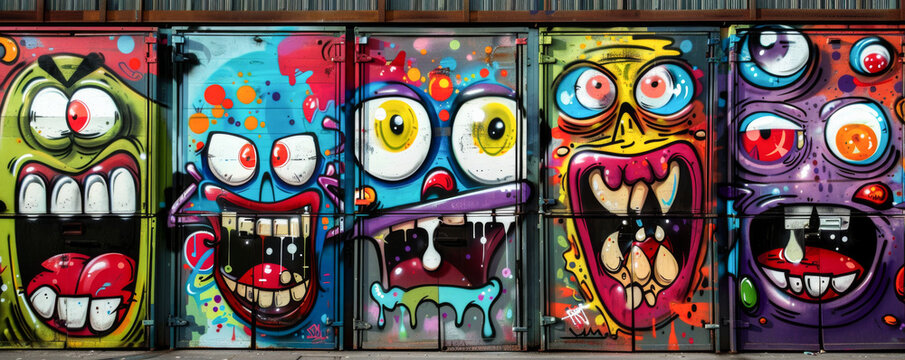Colorful monster faces in street art graffiti, vibrant urban wall mural