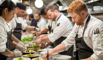 group of chefs and kitchen staff working together in a professional restaurant's bustling kitchen, creating a variety of dishes