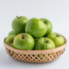 isolate Fresh apple appetizing There are not peeling. And peeled and ready to eat in the Small bamboo basket on white background