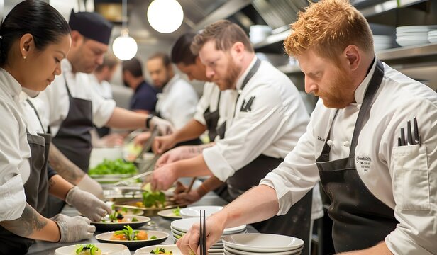 group of chefs and kitchen staff working together in a professional restaurant's bustling kitchen, creating a variety of dishes