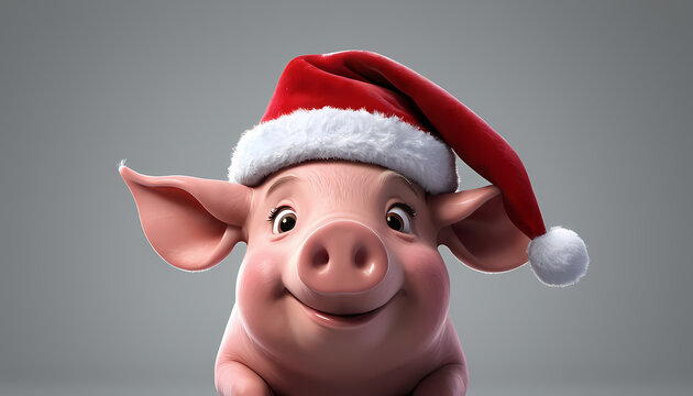 Pig santa hat sitting card with cooy space, 