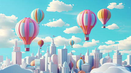 Naklejka premium Air balloon in the sky, colorful hot air balloon floating with clouds, summer adventure, flying high, illustration of a vibrant airship, rainbow color