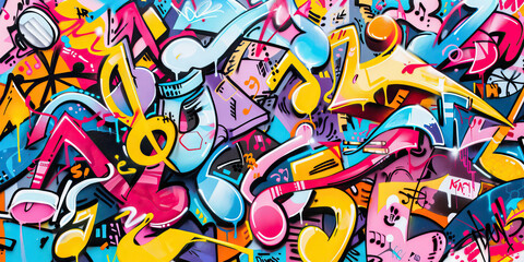 Fototapeta premium Urban Street Beats: Graffiti Wall Covered in Vibrant Music Notes and Hip-Hop Elements