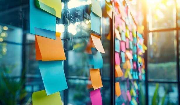 colorful sticky notes on a glass wall in an office, showcasing their use for business planning and design thinking processes during a brainstorming session at work