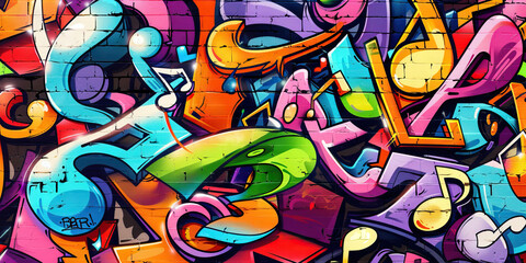 Naklejka premium Urban Street Beats: Graffiti Wall Covered in Vibrant Music Notes and Hip-Hop Elements