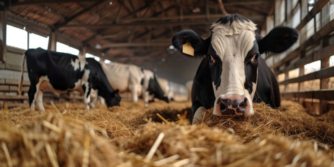 Close-up of a dairy cow in a barn eating hay, with detailed focus on the cow's face and ear tags, showcasing a serene farm life scene..