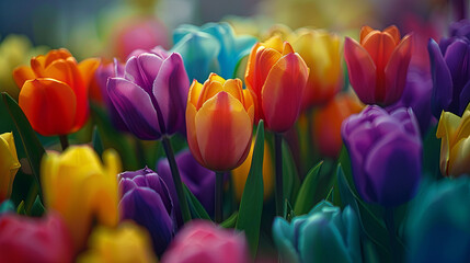 Fototapeta premium Colorful spring tulips, graphic banner, frame filled with flowers