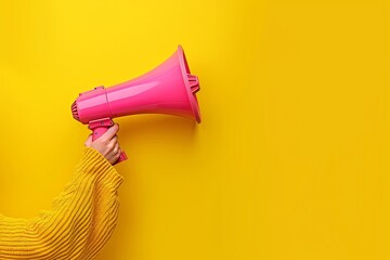 Person holding pink megaphone yellow wall