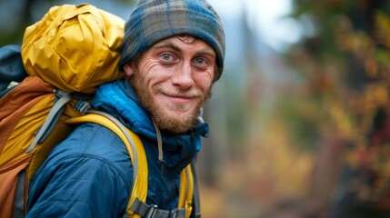 Fototapeta premium close-up of the backpacker's face, showing his expression of amazement and satisfaction generative ai