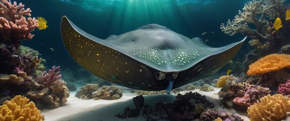 Fototapeta premium stingray and coral and fish, shiny aura, highly detailed, gold filigree, intricate motifs, organic tracery, perfect composition, smooth, sharp focus, sparkling particles, lively coral reef