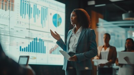 Black female executive giving a presentation about ecommerce development in a modern conference room