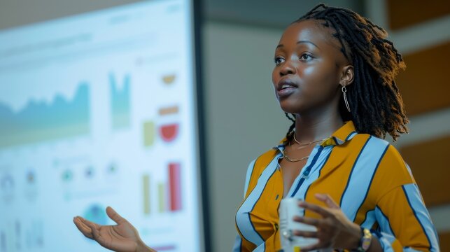 Female executive explaining financial technology growth statistics to a group of investors while standing in a diverse conference room with a whiteboard - Powered by Adobe