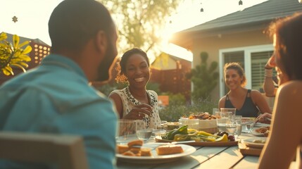 Family and friends from different walks of life dining outdoors