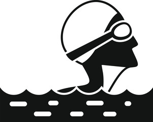 Graphic icon of a swimmer in water with swimming cap and goggles, in a black and white silhouette