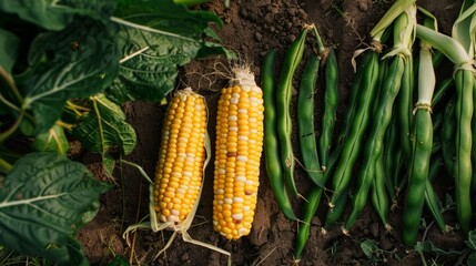 Obraz premium Yellow corn cobs and green beans just after picking them. generative ai