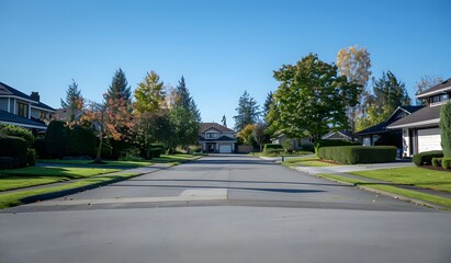 Fototapeta premium Front yard of a beautiful suburban home. Green grass and trees surround an empty driveway with neatly trimmed hedges around i