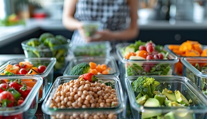Obraz premium Culinary healthy meals in glass containers on the kitchen counter, featuring vegetables and legumes for a teenage girl's lunch box