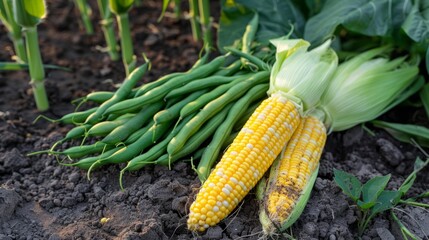 Yellow corn cobs and green beans just after picking them. generative ai