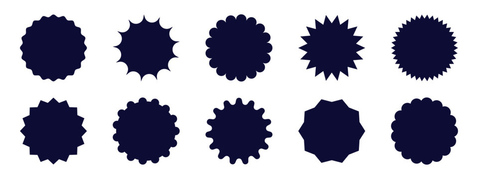 Wavy edge circle badge. Vintage sticker. Black scalloped circle shape. Starburst tags. Vector illustration isolated on white background