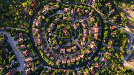 Obraz premium An overhead view of a geometrically perfect circular village layout
