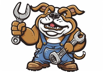 Plumber, mechanic, handyman cartoon mascot peeping around a sign and handing a wrench or spanner to the bulldog